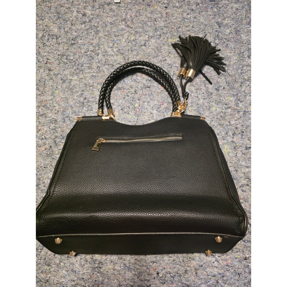 901 Mystique Black Pebbled Satchel Handbag Braided Handles Gold Hardware Tassel